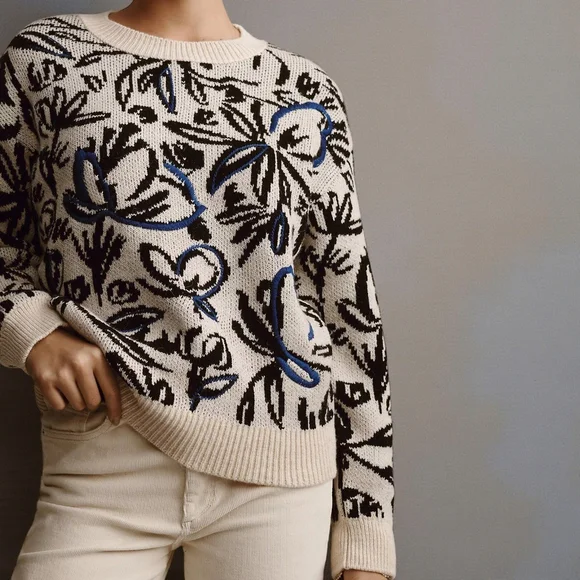 Anthropologie Floral Pop Embroidered Wool Blend Crewneck Sweater Sz S - Picture 3 of 13